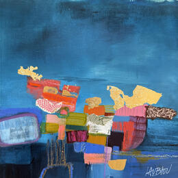 Painting Le tunnel sous la rivière by Lau Blou | Painting Abstract Acrylic, Cardboard, Gluing, Gold leaf, Pastel Landscapes, Pop icons