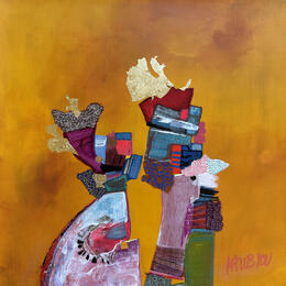 Painting Adoration by Lau Blou | Painting Abstract Acrylic, Cardboard, Gluing, Gold leaf, Pastel Portrait