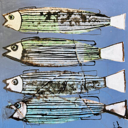 Peinture Sardines au feu par Colombo Cécile | Tableau Art naïf Acrylique, Aquarelle, Collage, Encre, Pastel Animaux