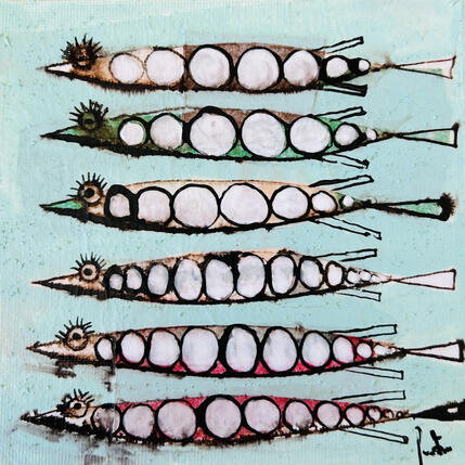 Peinture Anchois, mignons par Colombo Cécile | Tableau Art naïf Acrylique, Aquarelle, Collage, Encre, Pastel Animaux