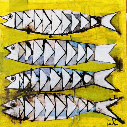 Peinture Sardines et Anis par Colombo Cécile | Tableau Art naïf Acrylique, Aquarelle, Collage, Encre, Pastel Animaux