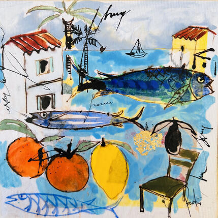 Peinture La grande nage par Colombo Cécile | Tableau Art naïf Acrylique, Aquarelle, Collage, Encre, Pastel Nature, Paysages