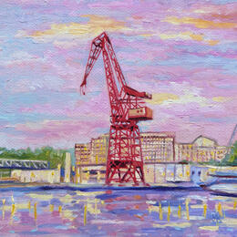 Peinture La grue Carola à Bilbao par Kochevykh Yulia | Tableau Figuratif Huile Architecture, Paysages, Urbain