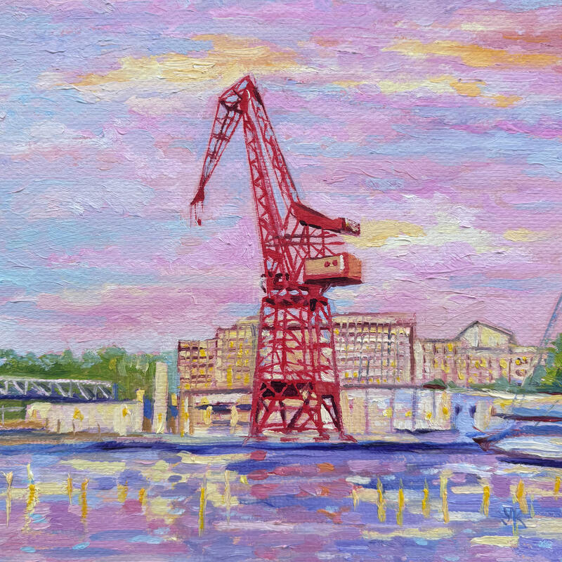 Peinture La grue Carola à Bilbao par Kochevykh Yulia | Tableau Figuratif Paysages Urbain Architecture Huile