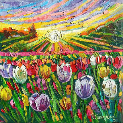 Painting Wild tulips under the sunset light  by Georgieva Vanya | Painting Figurative Oil Landscapes