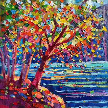 Painting Golden tree on the lake  by Georgieva Vanya | Painting Figurative Oil Landscapes