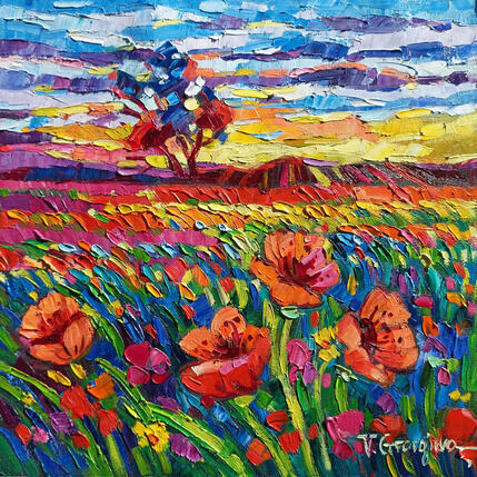 Painting Summer fields under the sunset  by Georgieva Vanya | Painting Figurative Oil Landscapes