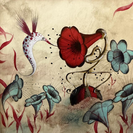 Painting La sfinge colibri e il grammo fiore by Nai | Painting Surrealism Acrylic, Gluing