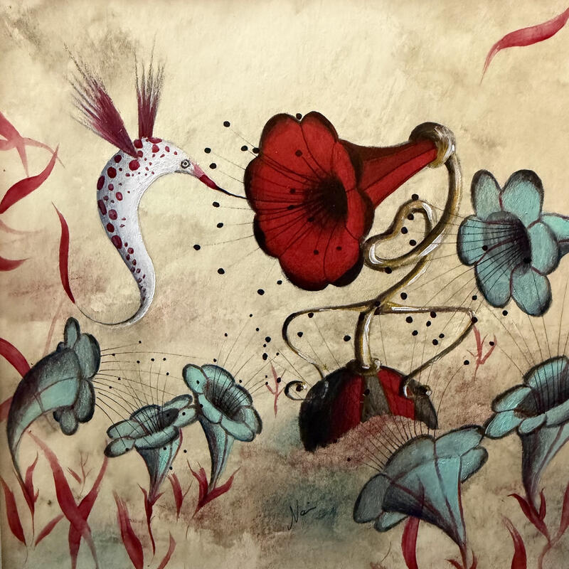 Painting La sfinge colibri e il grammo fiore by Nai | Painting Surrealism Acrylic Gluing