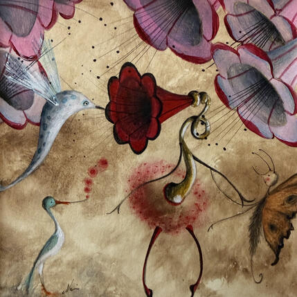 Painting La sfinge colibri e il grammo fiore con gli amici by Nai | Painting Surrealism Acrylic, Gluing