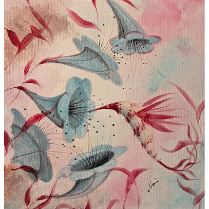 Painting La sfinge colibri e i fiori celesti  by Nai | Painting Surrealism Acrylic, Gluing