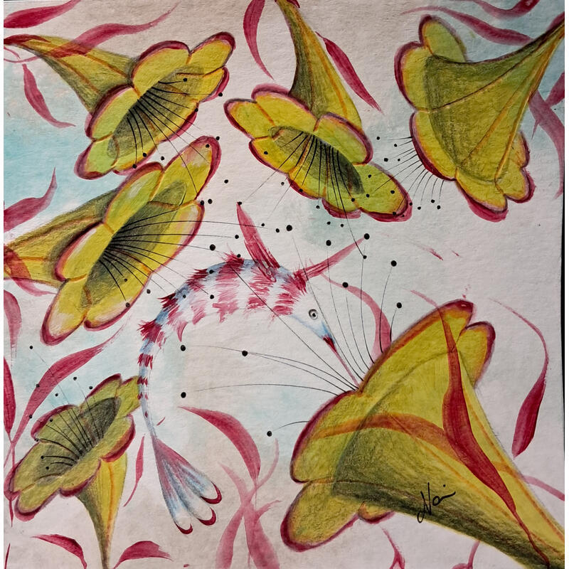 Painting La sfinge colibri e i fiori verdi by Nai | Painting Surrealism Acrylic Gluing