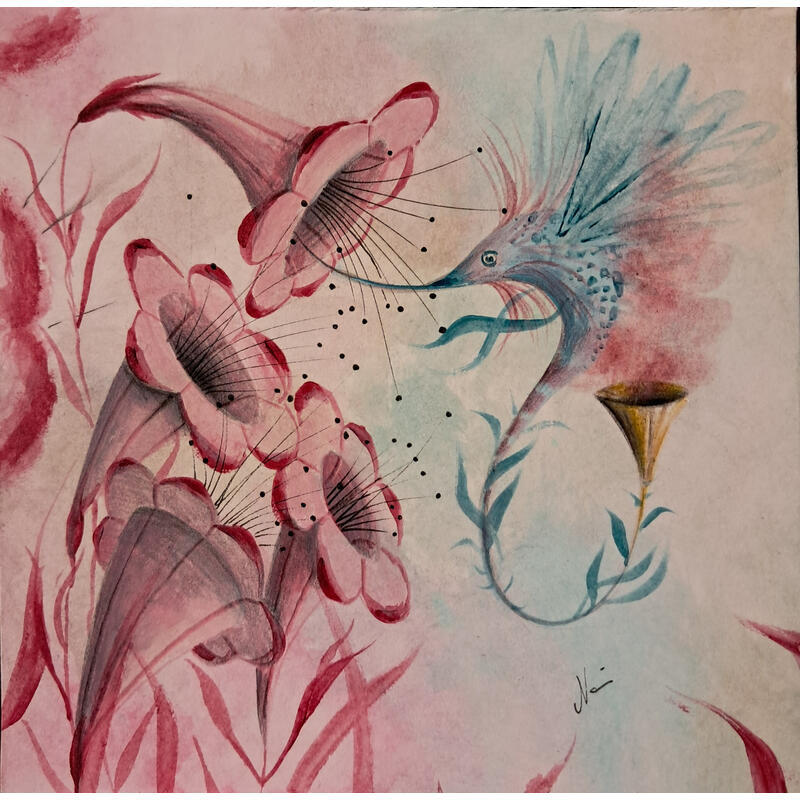 Painting La sfinge colibri e il raccolto by Nai | Painting Surrealism Acrylic Gluing