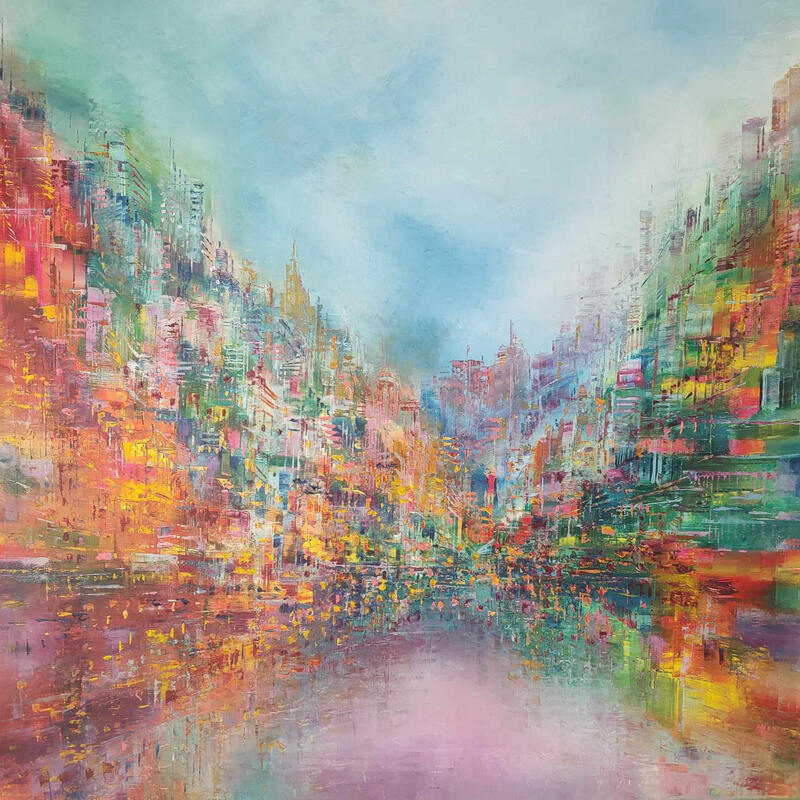 Painting Ville Arc-en-ciel by Levesque Emmanuelle | Painting Oil