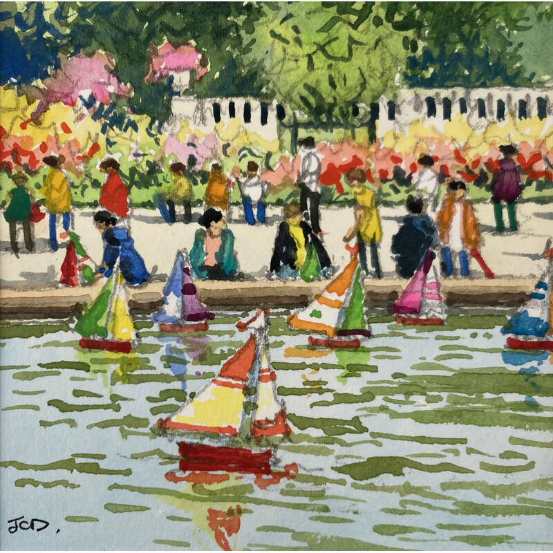 Peinture Paris au jardin par Decoudun Jean charles | Tableau Figuratif Urbain Aquarelle