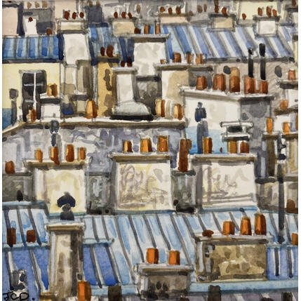 Gemälde Les cheminées rouges von Decoudun Jean charles | Gemälde Figurativ Aquarell Urban