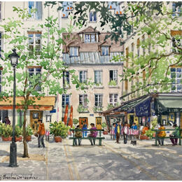 Painting Marais, La place Sainte Catherine by Decoudun Jean charles | Painting Figurative Watercolor Urban