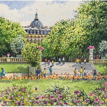Gemälde Le jardin du Luxembourg von Decoudun Jean charles | Gemälde Figurativ Aquarell Urban