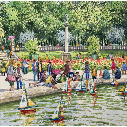 Peinture Les bateaux du Luxembourg par Decoudun Jean charles | Tableau Figuratif Aquarelle Urbain