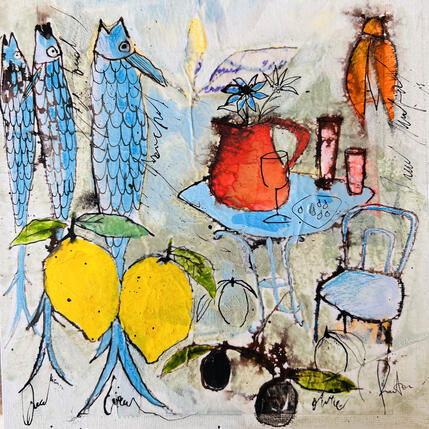 Painting Olive noire et citron by Colombo Cécile | Painting Naive art Acrylic, Gluing, Ink, Pastel, Watercolor Landscapes, Life style, Pop icons
