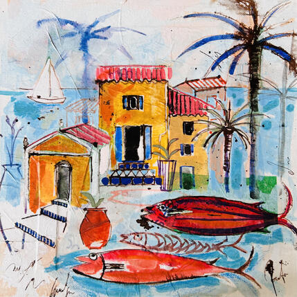 Painting Sous les palmiers en été by Colombo Cécile | Painting Naive art Acrylic, Gluing, Ink, Pastel, Watercolor Landscapes