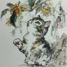 Gemälde Cat in garden von Du Mingxuan | Gemälde