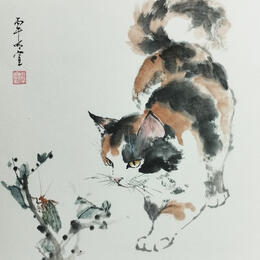 Gemälde Cat and grasshopper von Du Mingxuan | Gemälde
