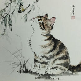 Gemälde Cat and butterfly von Du Mingxuan | Gemälde