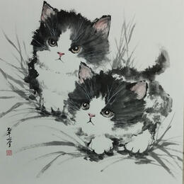 Gemälde Two cats von Du Mingxuan | Gemälde
