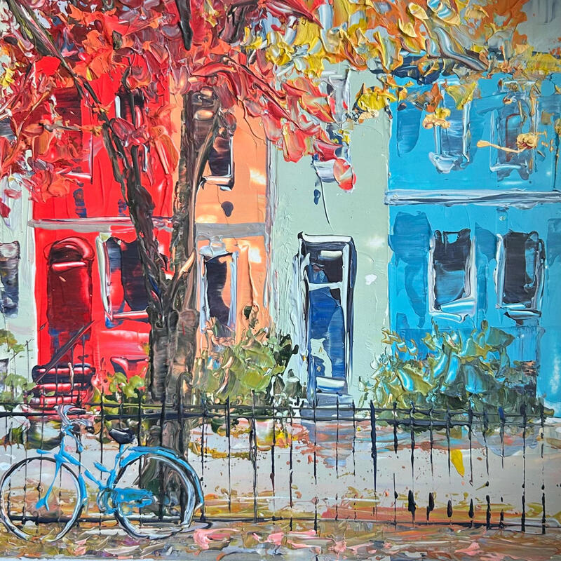 Painting the blue bike by Rodrigues Bené | Painting Figurative Urban Acrylic
