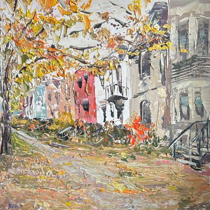 Painting golden leaves, warm houses by Rodrigues Bené | Painting Figurative Acrylic Urban