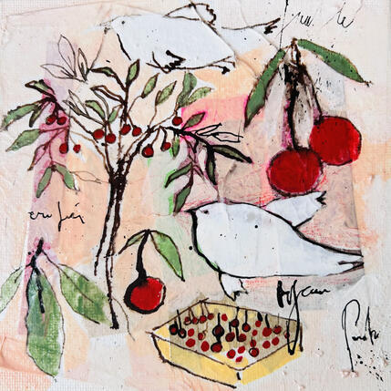 Peinture Cerises et oiseaux  par Colombo Cécile | Tableau Art naïf Acrylique, Aquarelle, Collage, Encre, Pastel Nature, Paysages
