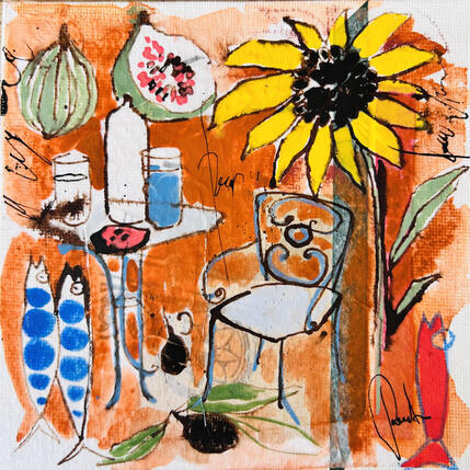 Gemälde cerise et oiseaux von Colombo Cécile | Gemälde Naive Kunst Acryl, Aquarell, Collage, Pastell, Tinte Natur, Stillleben