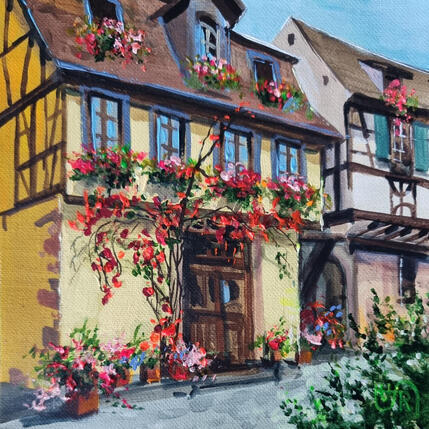 Painting Yellow house and rose by Rasa | Painting Figurative Acrylic Urban