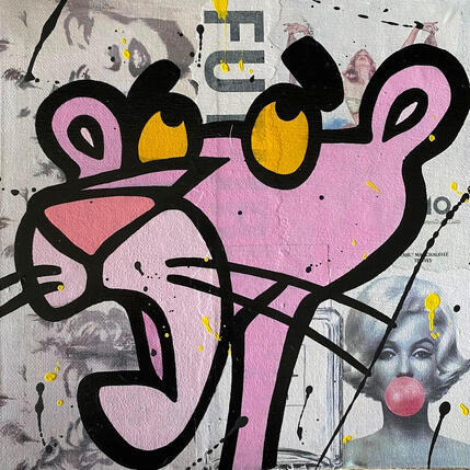 Painting F3  Panthère rose surprise by Marie G.  | Painting Pop-art Acrylic, Gluing, Wood Pop icons