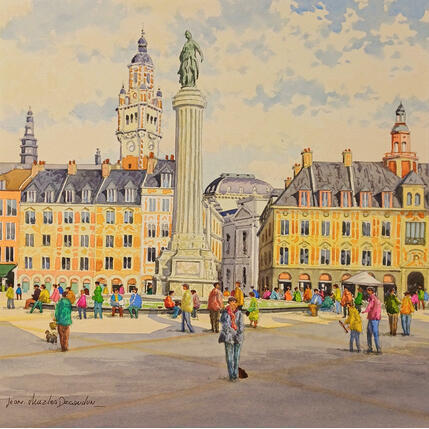 Gemälde Lille - Rendez-vous sur la Grand Place von Decoudun Jean charles | Gemälde Figurativ Aquarell Urban