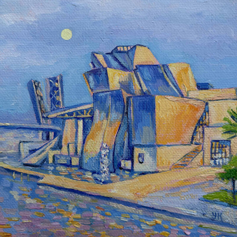 Painting Musée Guggenheim de Bilbao by Kochevykh Yulia | Painting Figurative Landscapes Urban Architecture Oil