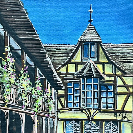 Painting la cours de la maison aux colombages jaunes de Strasbourg by Touras Sophie-Kim | Painting Realism Oil Architecture, Urban