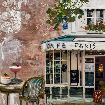 Gemälde Café Paris von Romanelli Karine | Gemälde Figurativ Acryl, Collage Alltagsszenen, Pop-Ikonen