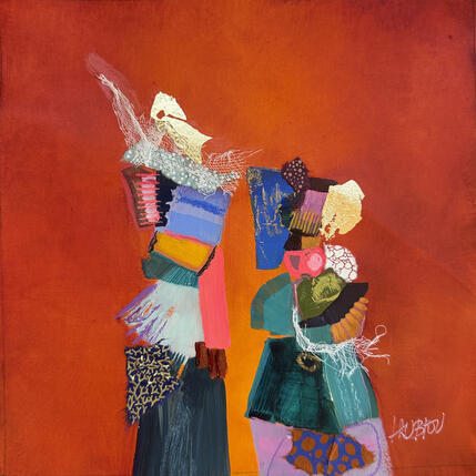 Pintura Les demoiselles en promenade por Lau Blou | Pintura Abstracto Acrílico, Cartón, Collage, Hoja de oro, Pastel Iconos pop, Retrato