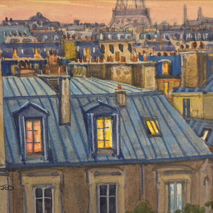 Painting Les toits et la Tour Eiffel by Decoudun Jean charles | Painting Figurative Watercolor Urban