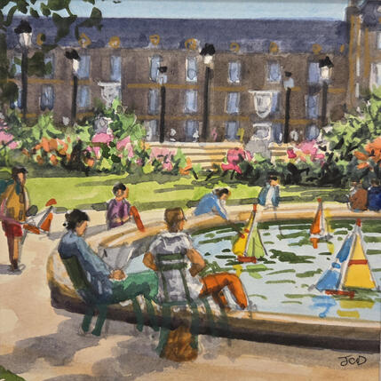 Painting Le bassin des Tuileries  by Decoudun Jean charles | Painting Figurative Watercolor Urban