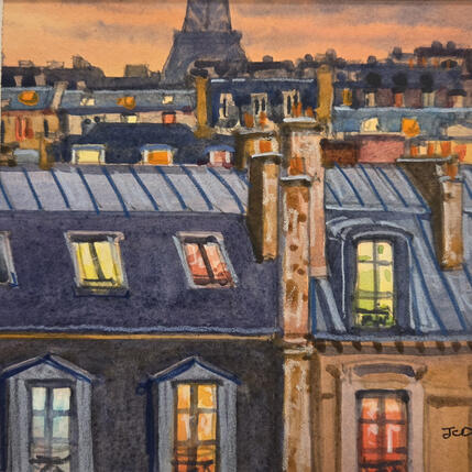 Painting Paris en rose et bleu by Decoudun Jean charles | Painting Figurative Watercolor Urban