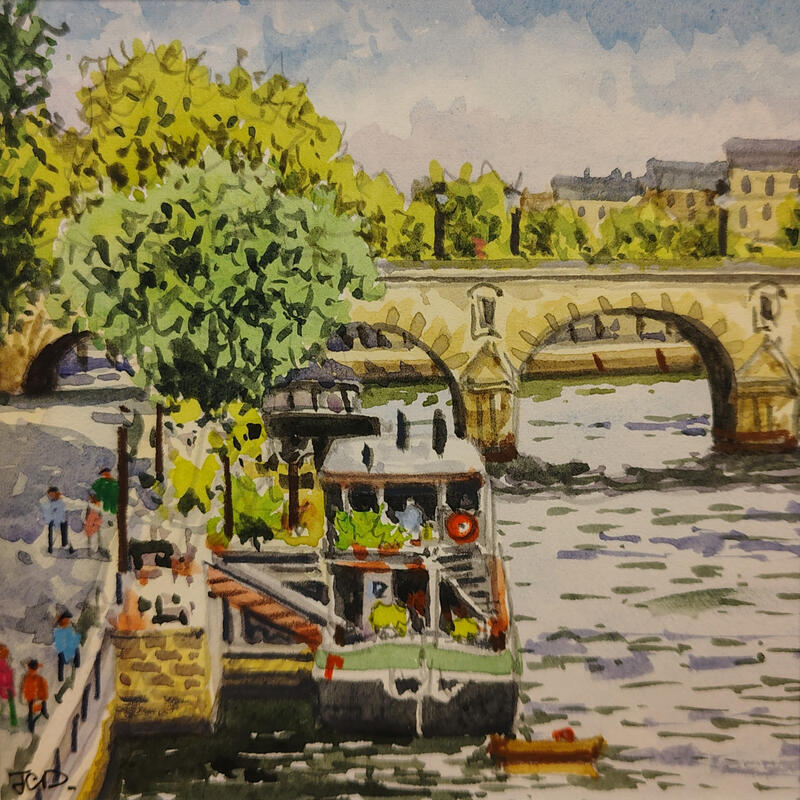 Gemälde Péniches au Pont Marie von Decoudun Jean charles | Gemälde Figurativ Urban Aquarell
