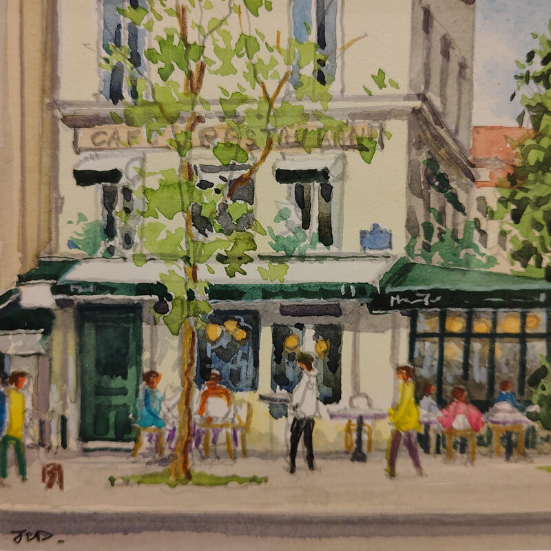 Gemälde Le café Louis Philippe von Decoudun Jean charles | Gemälde Figurativ Urban Aquarell