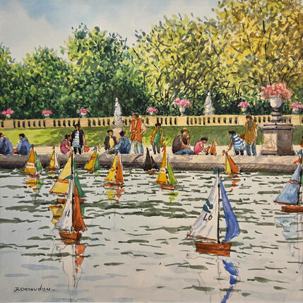 Painting Paris, les bateaux au Luxembourg by Decoudun Jean charles | Painting Figurative Watercolor Urban