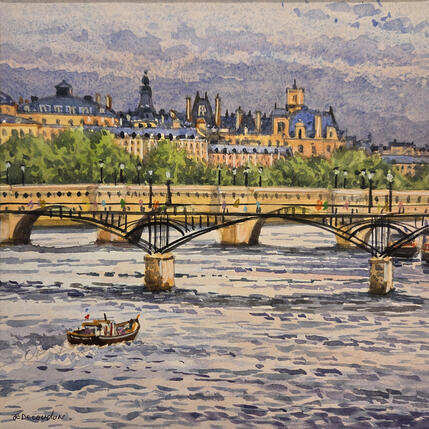 Painting Le Pont des Arts et l'Hotel de ville by Decoudun Jean charles | Painting Figurative Watercolor Urban