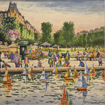 Painting Paris, les bateaux du Luxembourg by Decoudun Jean charles | Painting Figurative Watercolor Urban