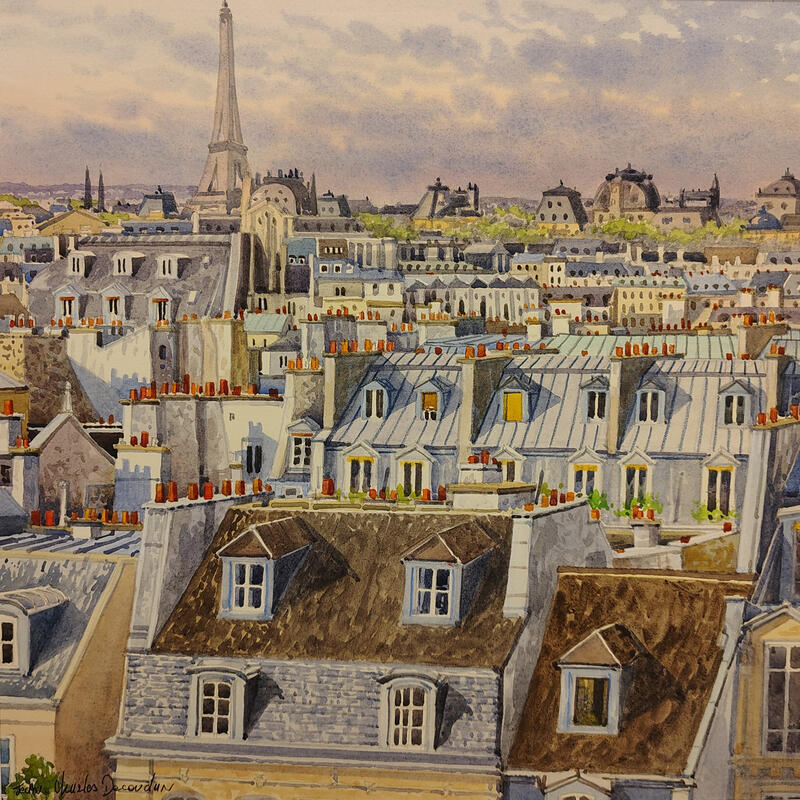 Gemälde Les toits des Halles von Decoudun Jean charles | Gemälde Figurativ Urban Aquarell