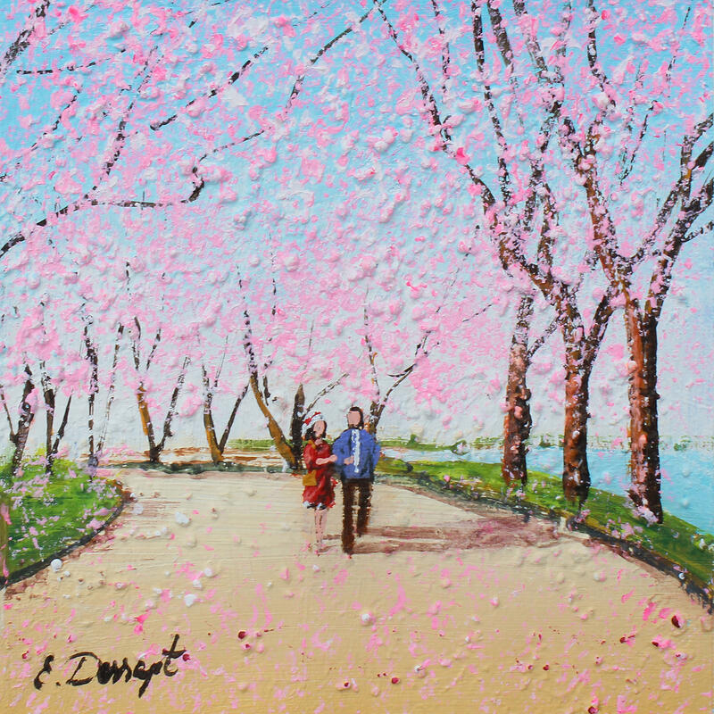 Painting Les cerisiers japonais by Dessapt Elika | Painting Impressionism Acrylic Sand